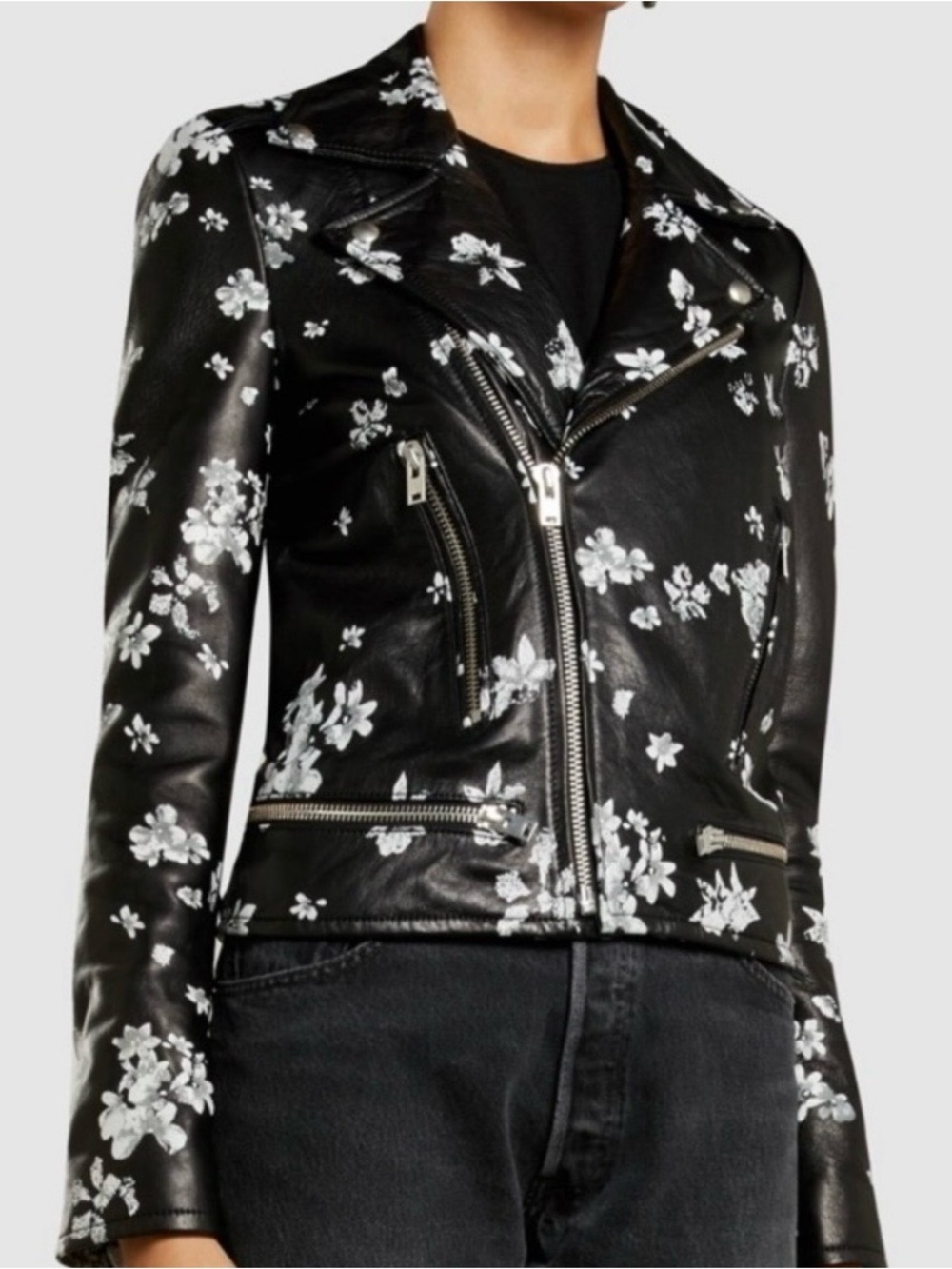 IRO Phedra Leather Black White Floral Moto
Biker Jacket, US XS